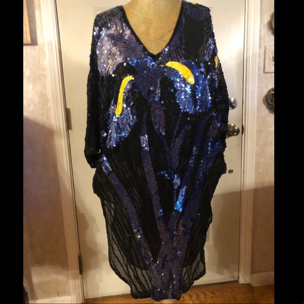 Vintage beaded sequin Neil Bieff wearable art dolman sleeve batwing dress blue